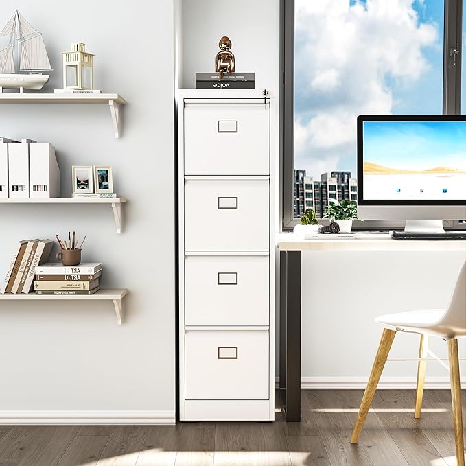 4 Drawer File Cabinet, Metal Vertical File Cabinets with Lock for Home Office, Heavy Duty Office Steel Filing Cabinet for Hanging Files for A4/ Legal/Letter,Assembly Required (White)