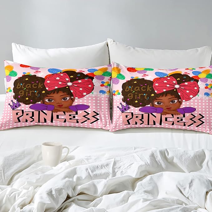 Black Girl Queen Comforter Set Black African American Girls Queen Comforter Set Princess Queen Bedding Set Room Decor Black Girl Kids Queen Bedding Sets for Girls, 1 Comforter+2 Pillowcases