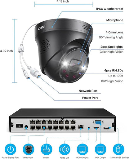 ZOSI 16CH 4K PoE Security Camera System with 4TB HDD,8pcs 8MP 4K PoE Cameras Outdoor Indoor,Person Vehicle Detection,Two-Way Talk,Spotlight Siren Alarm,Color Night Vision,8MP NVR for 24/7 Recording
