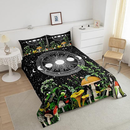 Cute Mushroom Comforter Set Sun Moon All Season Down Comforter for Kids Boys Girls Teens Trippy Decor Boho Galaxy Constellations Bedding Set Starry Sky Wild Flowers Quilt Room Decor King Size Boys