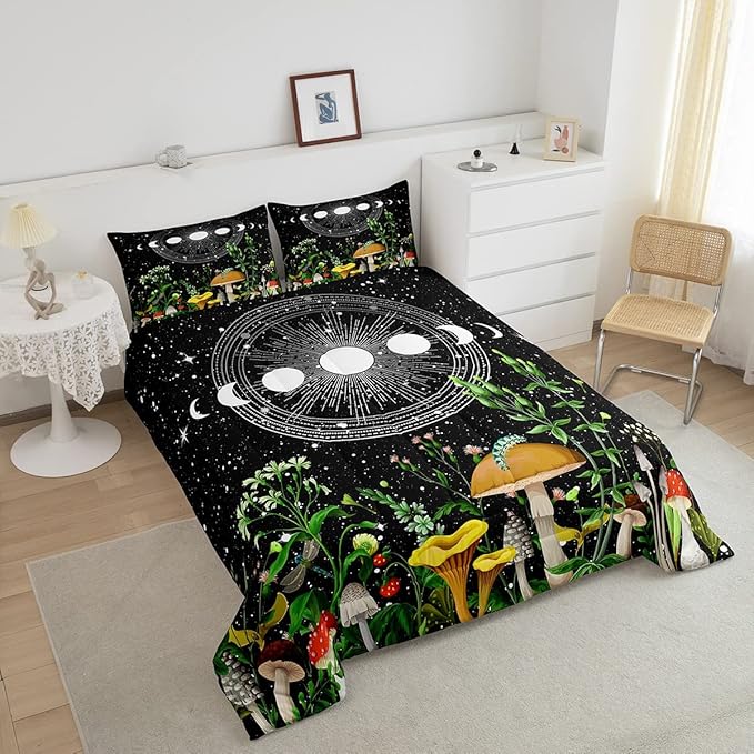 Cute Mushroom Comforter Set Sun and Moon All Season Down Comforter for Kids Boys Girls Teens Trippy Decor Boho Galaxy Constellations Bedding Set Starry Sky Wild Flowers Quilt Set Room Decor Full Size