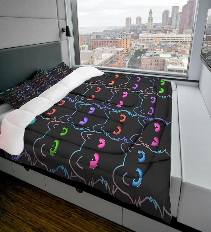 Sunnycitron Cartoon Cat Bedding Queen Comforter set Black Cat Comforter set Gradient Line Cat Quilt 3D Neon Cat Bed set Black Cat Bedding set for Teens Kids Boys Girls Adults