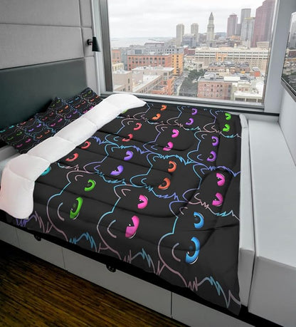Sunnycitron Cartoon Cat Bedding Queen Comforter set Black Cat Comforter set Gradient Line Cat Quilt 3D Neon Cat Bed set Black Cat Bedding set for Teens Kids Boys Girls Adults