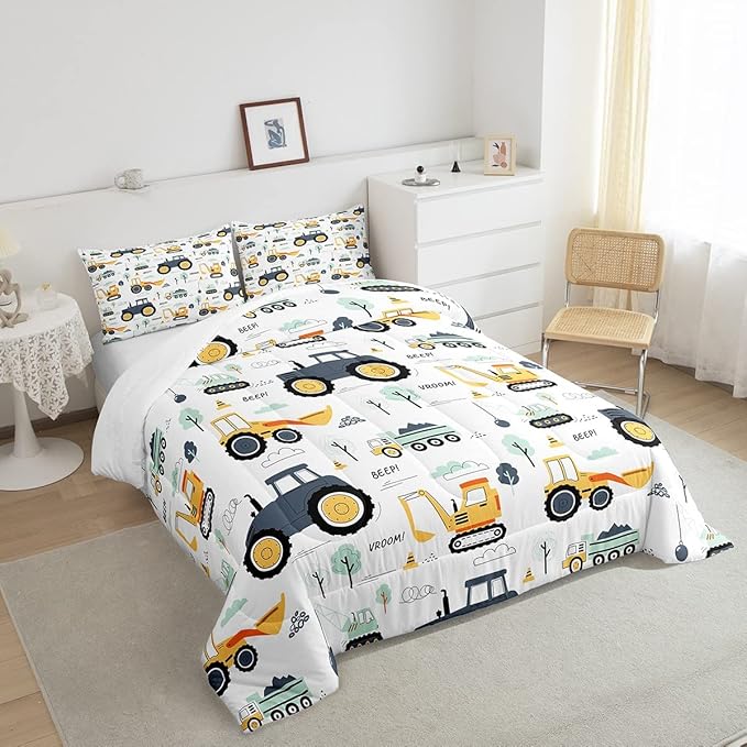 Feelyou Cartoon Cars Kids Comforter Set Tractor Boys Comforter Cute Excavator Decor Kawaii Soft Bedding Set Cartoon Trees Cars Colorful All Season Quilt Room 2Pcs Twin Size Boys