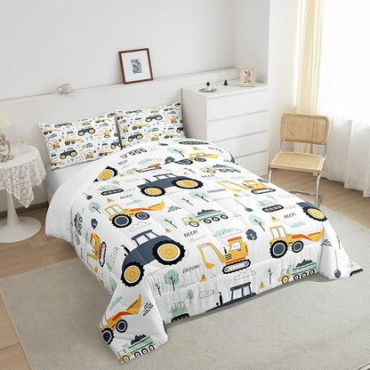 Feelyou Cartoon Cars Kids Comforter Set Tractor Boys Comforter Cute Excavator Decor Kawaii Soft Bedding Set Cartoon Trees Cars Colorful All Season Quilt Room 2Pcs Twin Size Boys