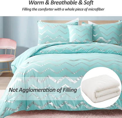 Aqua Comforter Set Twin Size, Metallic Teal and Silver Bedding Set, 3 Piece Lightweight Microfiber Comforter for Teen Girls Boys Women (1 Pillow Case + 1 Decorative Pillow Sham)