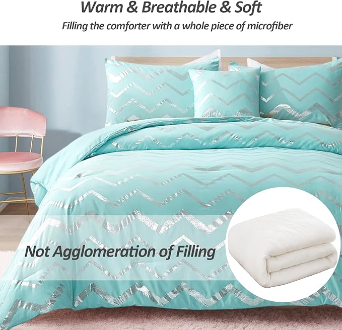Aqua Comforter Set Queen Size Metallic Teal and Silver Bedding Set, 4 Piece Lightweight Microfiber Bed Set for Teen Girls Women (2 Pillow Shams + 1 Decorative Pillow Sham)