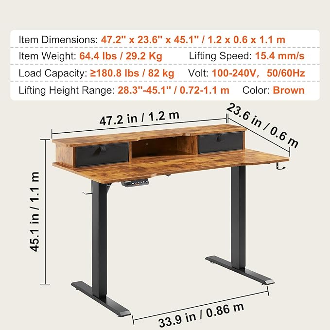 VEVOR Standing Desk with Shelves 47.2 x 23.6 Inch Height Adjustable Desk Dual Monitor Riser Workstation Adjustable Desk 3-Key Modes Sturdy Dual Metal Frame 180LBS Capacity for Home Office