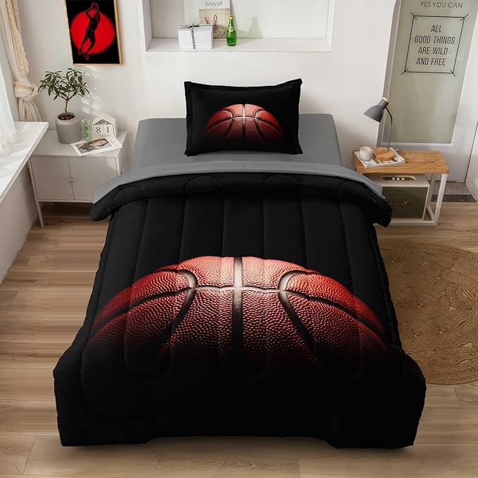 Teenage Boy Bedding Sets Twin 4 Pieces Basketball Comforter Set for Boys Twin Size Bed in a Bag Set, Basketball Bedding Twin, Red Black
