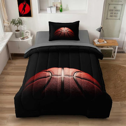 Teenage Boy Bedding Sets Twin 4 Pieces Basketball Comforter Set for Boys Twin Size Bed in a Bag Set, Basketball Bedding Twin, Red Black