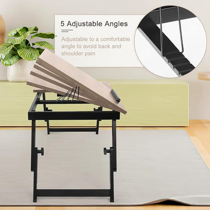 Bamboo Laptop Desk Bed Tray Table Adjustable Table for Computer Tilting Top Foldable Leg with Drawer