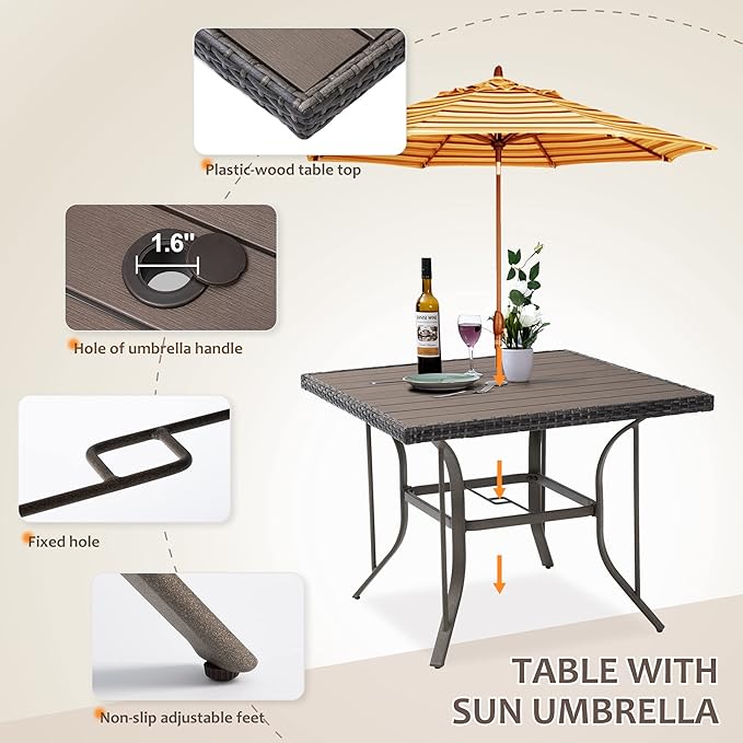 Patio Dining Set for 4, 5PCS Patio Table & Chair Set,Plastic-Wood Table Top with 1.6" Umbrella Hole, All-Weather Wicker Patio Dining Furniture with Removable Cushions for Deck, Lawn, Garden(Beige)