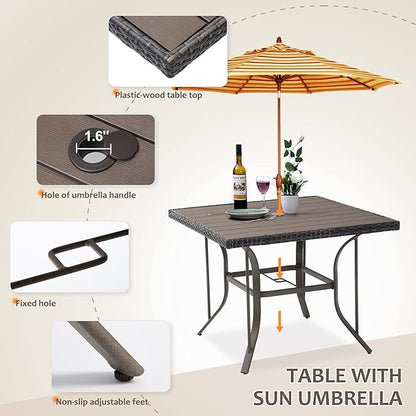Patio Dining Set for 4, 5PCS Patio Table & Chair Set,Plastic-Wood Table Top with 1.6" Umbrella Hole, All-Weather Wicker Patio Dining Furniture with Removable Cushions for Deck, Lawn, Garden(Beige)