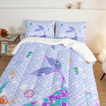 HOSIMA Mermaid Tail Comforter Set 3Pcs with 2 Pillowcases,Purple Fish Scales Bedding Set for Girls Kids Women,Cartoon Ocean Life Sea Animal Full Size Bed in a Bag Set Mermaid Room Decor