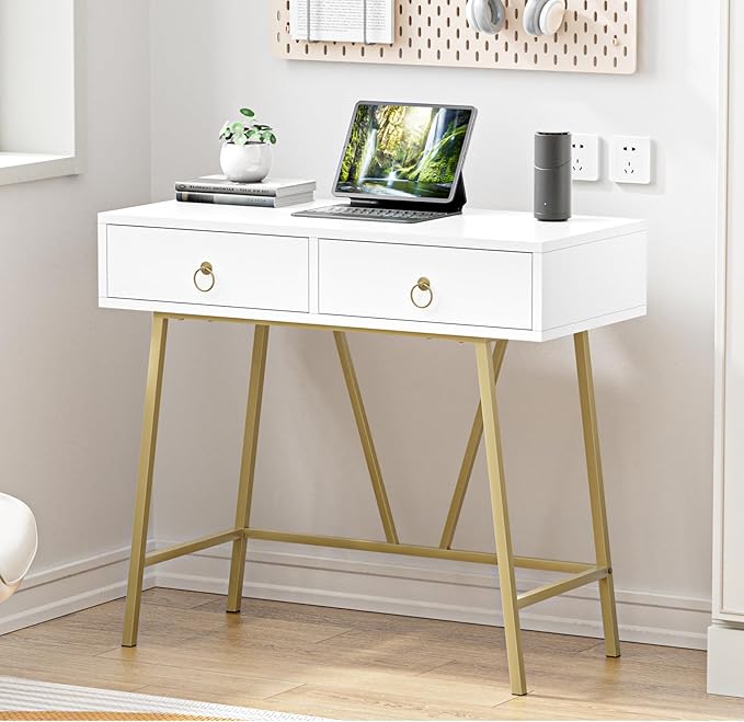 Anmytek Modern Home Office Desk, 35.4 Inch Makeup Vanity Table White Study Desk 2 Drawers Writing Desk Computer Desk with Golden Legs, D0002