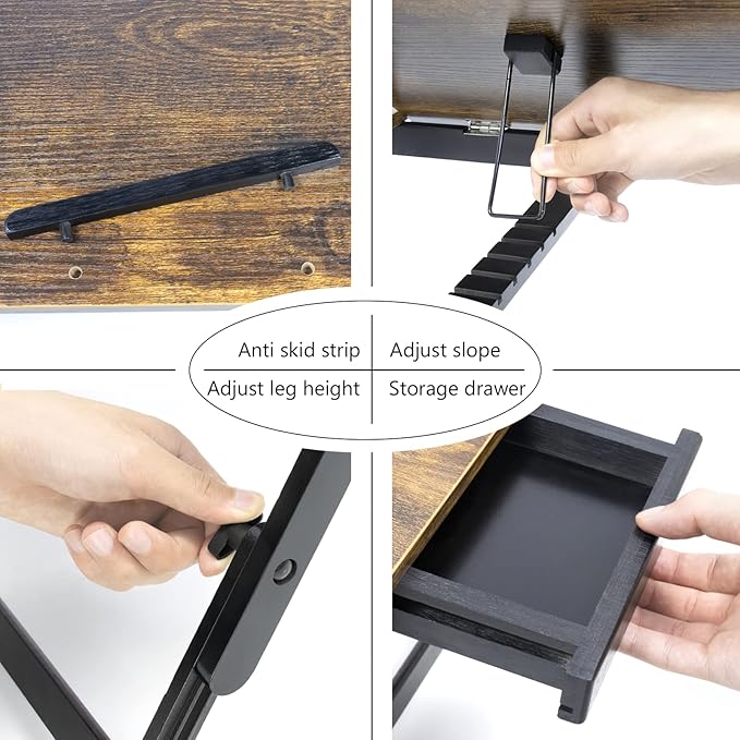 Bamboo Laptop Desk Bed Tray Table Adjustable Table for Computer Tilting Top Foldable Leg with Drawer