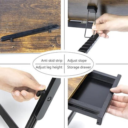 Bamboo Laptop Desk Bed Tray Table Adjustable Table for Computer Tilting Top Foldable Leg with Drawer
