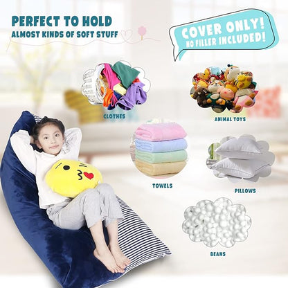 Stuffed Animal Storage Bean Bag Chair Cover, Velvet Canvas Blue Denim Plush Toy Storage Stuff and Sit Seat for Kids/Teens/Adults, 52" x 31" Extra Large Triangle Sofa, 200L/52Gal, Cover Only
