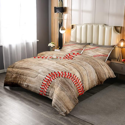 Erosebridal Baseball Bedding Set for Kids Boys Teens Full,Sports Games Comforter Set Retro Rustic Wooden Board Quilt Duvet Sets American Baseball Country Down Comforter with 2 Pillow Cases