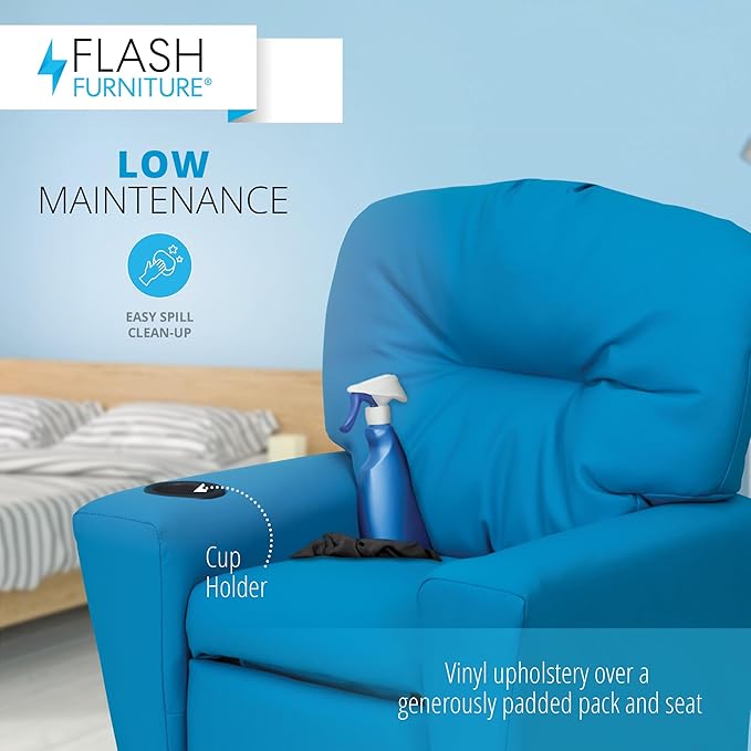 Flash Furniture Chandler Vinyl Kids Recliner with Cup Holder and Safety Recline, Contemporary Reclining Chair for Kids, Supports up to 90 lbs., Turquoise