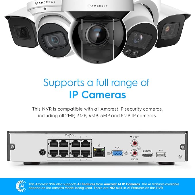 Amcrest NV4108E-A2 4K 8CH POE NVR (1080p/3MP/4MP/5MP/8MP) POE Network Video Recorder - Supports up to 8 x 8MP/4K IP Cameras, 8-Channel Power Over Ethernet Pre-Installed 4TB Hard Drive (NV4108E-4TB)