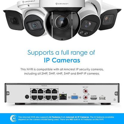 Amcrest NV4108E-A2 4K 8CH POE NVR (1080p/3MP/4MP/5MP/8MP) POE Network Video Recorder - Supports up to 8 x 8MP/4K IP Cameras, 8-Channel Power Over Ethernet Pre-Installed 4TB Hard Drive (NV4108E-4TB)
