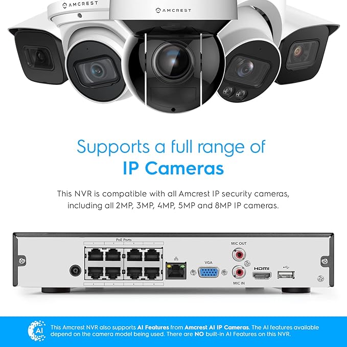 Amcrest NV4108E-A2 4K 8CH POE NVR (1080p/3MP/4MP/5MP/8MP) POE Network Video Recorder - Supports up to 8 x 8MP/4K IP Cameras, 8-Channel Power Over Ethernet Pre-Installed 1TB Hard Drive (NV4108E-1TB)
