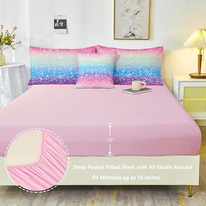 PERFEMET Girls Comforter Set with Sheets 6 Pieces Full Size Bedding Set Blue Pink Green Ombre Bed in A Bag Rainbow Tie Dye Kids Bed Sets Grandient Glitter Full Comforter Sets