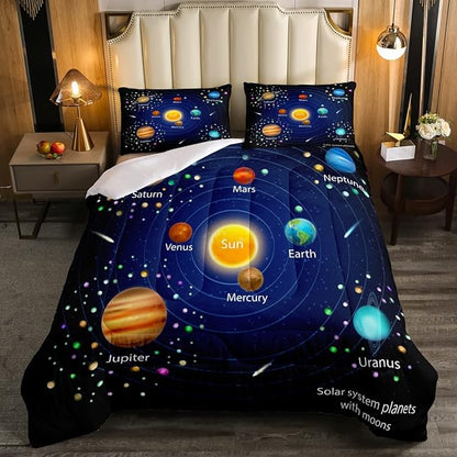 Erosebridal Kids Outer Space Comforter Set, Boys Starry Sky Galaxy Duvet Sets Full Size Planet Space Down Comforter for Girls Teens Adult Bedroom Decor, Solar System Cosmos Bedding Set, Blue Purple
