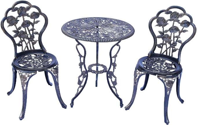 KAILI Outdoor Furniture Bistro Set with Rose Pattern 1 Table 2 Chairs for Garden Patio Porch (Rose-Bronzed)