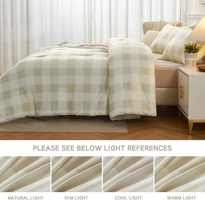 Andency Beige Grid Comforter Set Full Size (79x90 Inch), 3 Pieces(1 Grid Comforter and 2 Pillowcases), Summer Lightweight Microfiber Down Alternative Beige Comforter