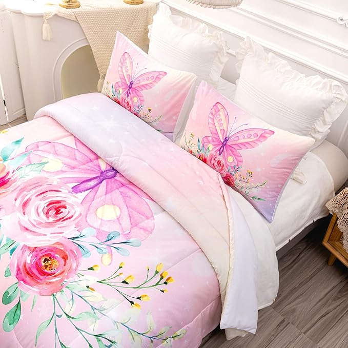 CVHOUSE Butterfly Comforter Set,Floral Butterfly Bedding Set for Girls Kids Teens,Flower Butterflies Comforter Butterflies Duvet Set Room Decor Quilt Set Twin Size