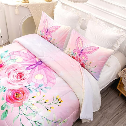 CVHOUSE Butterfly Comforter Set,Floral Butterfly Bedding Set for Girls Kids Teens,Flower Butterflies Comforter Butterflies Duvet Set Room Decor Quilt Set Twin Size