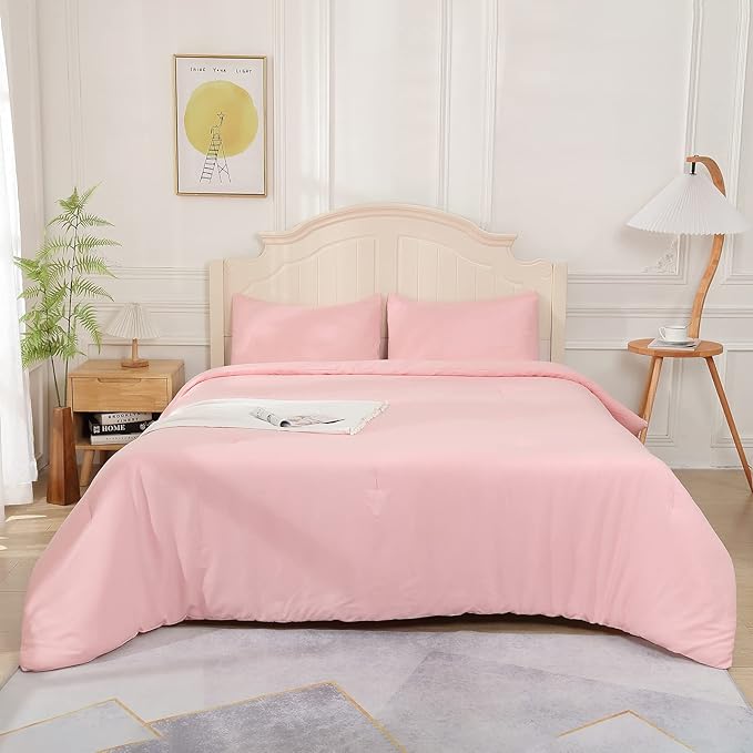 Pink Comforter King Size, Aesthetic Modern Bedding Set for Girls/Women, Cute Soft & Lightweight Chic Microfiber Bed Sets, 3 pcs-1 Comforter & 2 Pillowcases (104x90 Inches)