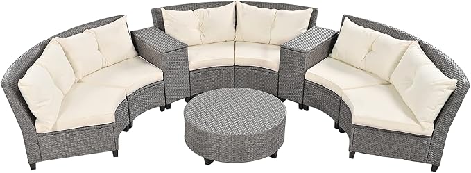 9 Pieces Outdoor Furniture Half Moon Wicker Patio Sets with Coffee Table, All-Weather Fan-Shaped Curved Sectional Sofa Couch with Beige Cushions, Onesize, Gray Rattan