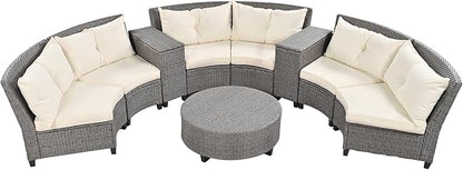 Merax Patio Furniture Sets for 6, Fan-Shaped All Weather Outdoor HDPE Rattan Sofa with Cushions and Table, Suitable for Garden, 9-Piece, Beige