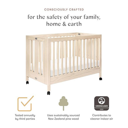 Babyletto Maki Full-Size 2-in-1 Portable Folding Crib with Toddler Bed Conversion Kit in Washed Natural, Greenguard Gold Certified