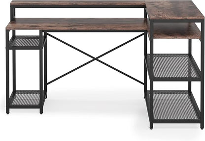 Tribesigns L Shaped Desk with Storage and Monitor Stand, Industrial Home Office Computer Desk with Storage Shelves, 59 Inch Corner Desk with Monitor Shelf(Brown)
