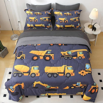 Wajade 7 Piece Construction Truck Kids Comforter Set for Boys Twin Size 3D Vehicles Excavator Cars Bedding Set for Kids Teens(1 Comforter, 1 Flat Sheet, 1 Fitted Sheet, 2 Pillowcase and 2 Pillow Sham)