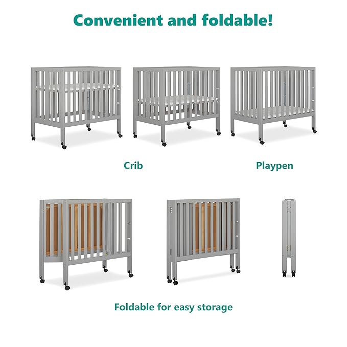 Jett Non-Full Size Folding Convertible Crib, Lightweight Portable Crib, Three Adjustable Mattress Height Settings, Easy to Fold Travel Crib, 1.5” Mattress Pad Included