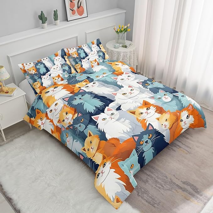 Datura home Kids Comforter Set Cute Cats Printed Pattern Bedding Set with 1 Comforter and 2 Pillowcases for Girls Boys Bedroom All Season(Cat Queen)