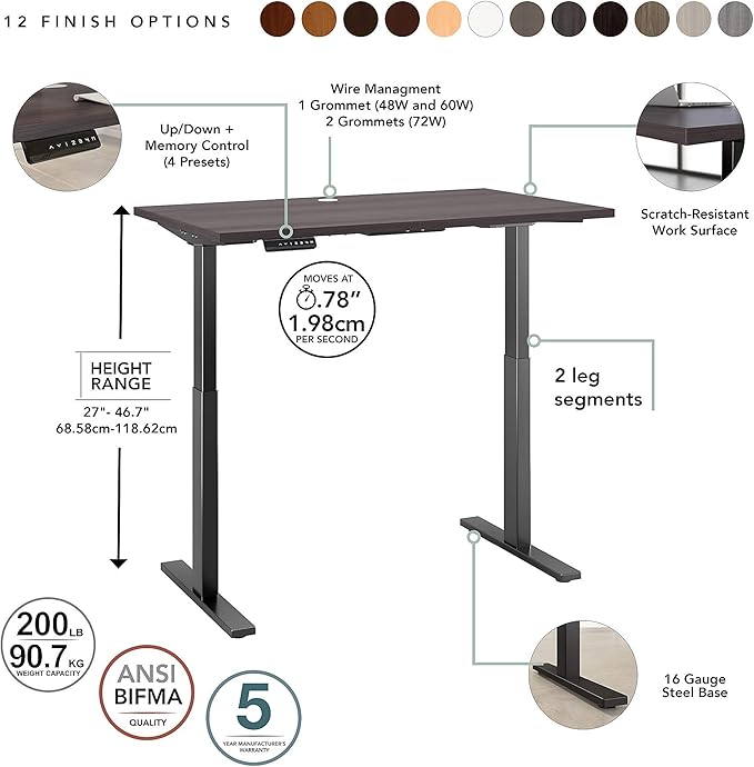 Bush Business Furniture Move 60 Electric Ergonomic Sit-Stand Computer Table for Home and Professional Office, 72W x 30D, Storm Gray