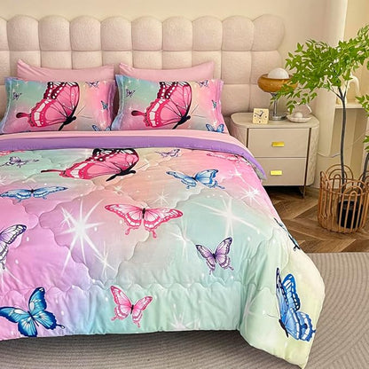 Girls Butterfly Comforter Set Bed in A Bag Twin Size 7 Piece 3D Purple Bedding Comforter Bed Set with Pillow Shams, Flat Sheet, Fitted Sheet, Pillowcases All Season