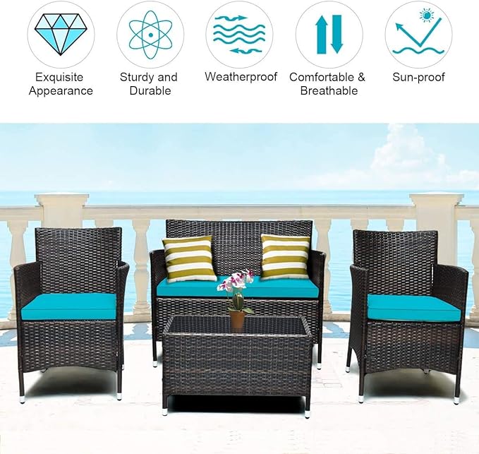 LUARANE 4-Piece Rattan Patio Furniture Set, Outdoor Wicker Sofa Couch Table Set, w/Thick Seat Cushions Tempered Glass Coffee Table, Conversation Set for Lawn Garden Poolside Backyard (Turquoise)