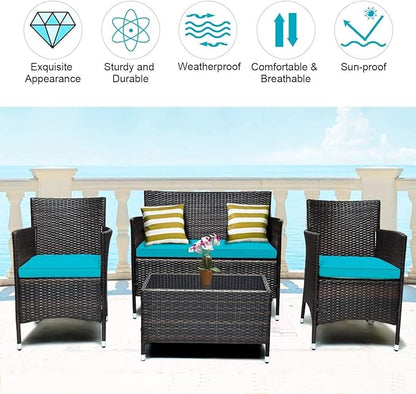LUARANE 4-Piece Rattan Patio Furniture Set, Outdoor Wicker Sofa Couch Table Set, w/Thick Seat Cushions Tempered Glass Coffee Table, Conversation Set for Lawn Garden Poolside Backyard (Turquoise)