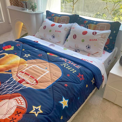 Sports Comforter Set Twin Size for Boys Kids Teens 7 Piece Basketball Baseball Bed in A Bag Soccer Football Trophies Bedding Set All Season Lightweight