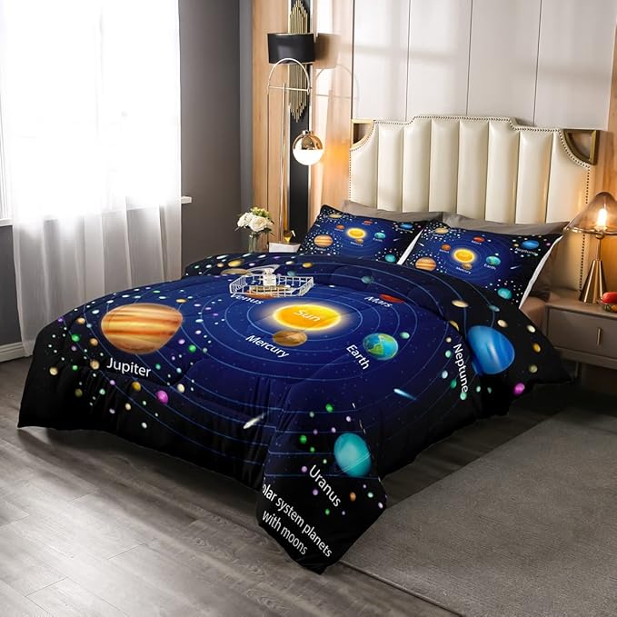 Erosebridal Kids Outer Space Comforter Set, Boys Starry Sky Galaxy Duvet Sets Full Size Planet Space Down Comforter for Girls Teens Adult Bedroom Decor, Solar System Cosmos Bedding Set, Blue Purple