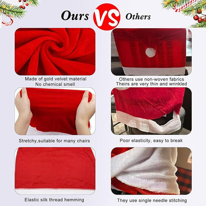 Christmas Chair Covers Set of 4,Red and White Santa Claus Hat Chair Back Covers for Xmas Holiday Festival Indoor Kitchen Bar Counter Stools Decorations Dining Room Table Decor