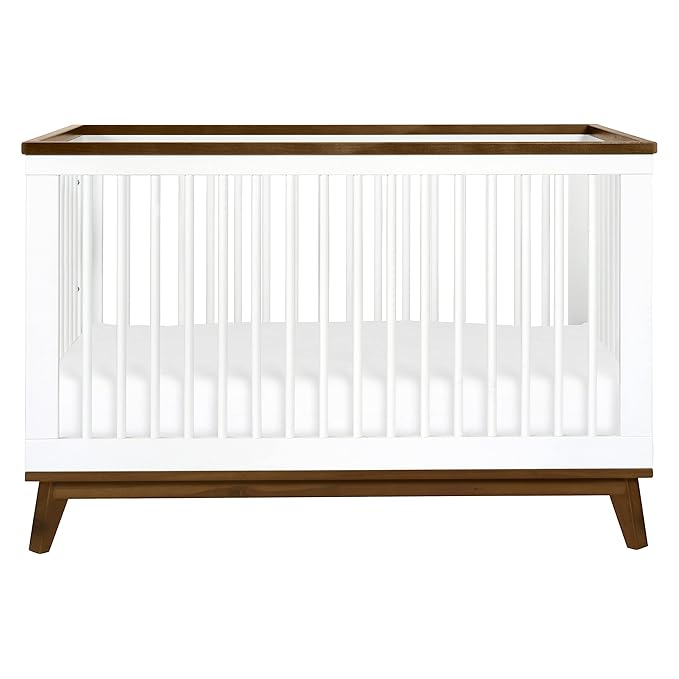 Babyletto Scoot 3-in-1 Convertible Crib with Toddler Bed Conversion Kit in White and Natural Walnut, Greenguard Gold Certified
