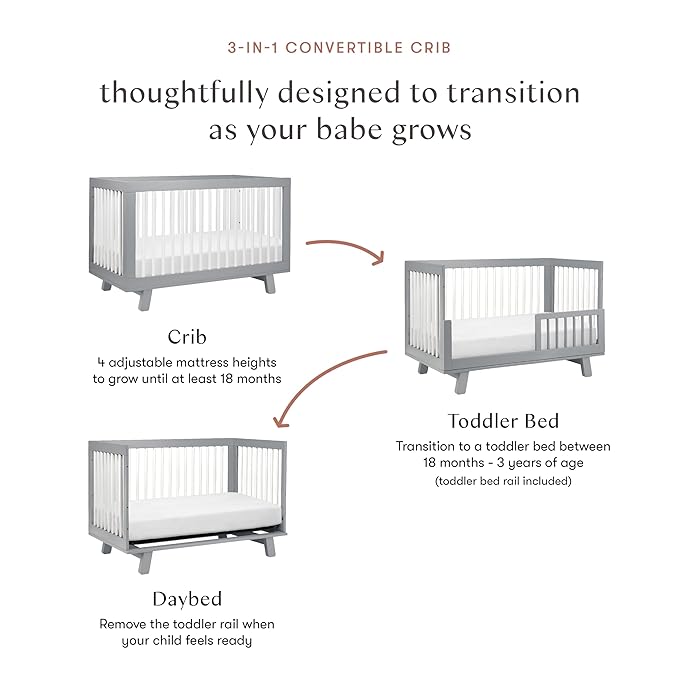 Babyletto Hudson 3-in-1 Convertible Crib with Toddler Bed Conversion Kit in Grey and White, Greenguard Gold Certified